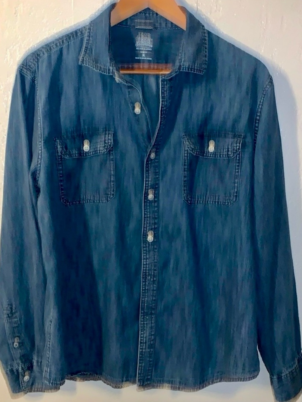 Izod Saltwater Denim Shirt Relaxed Classics Slim Fit Button Down Cotton Blue XL